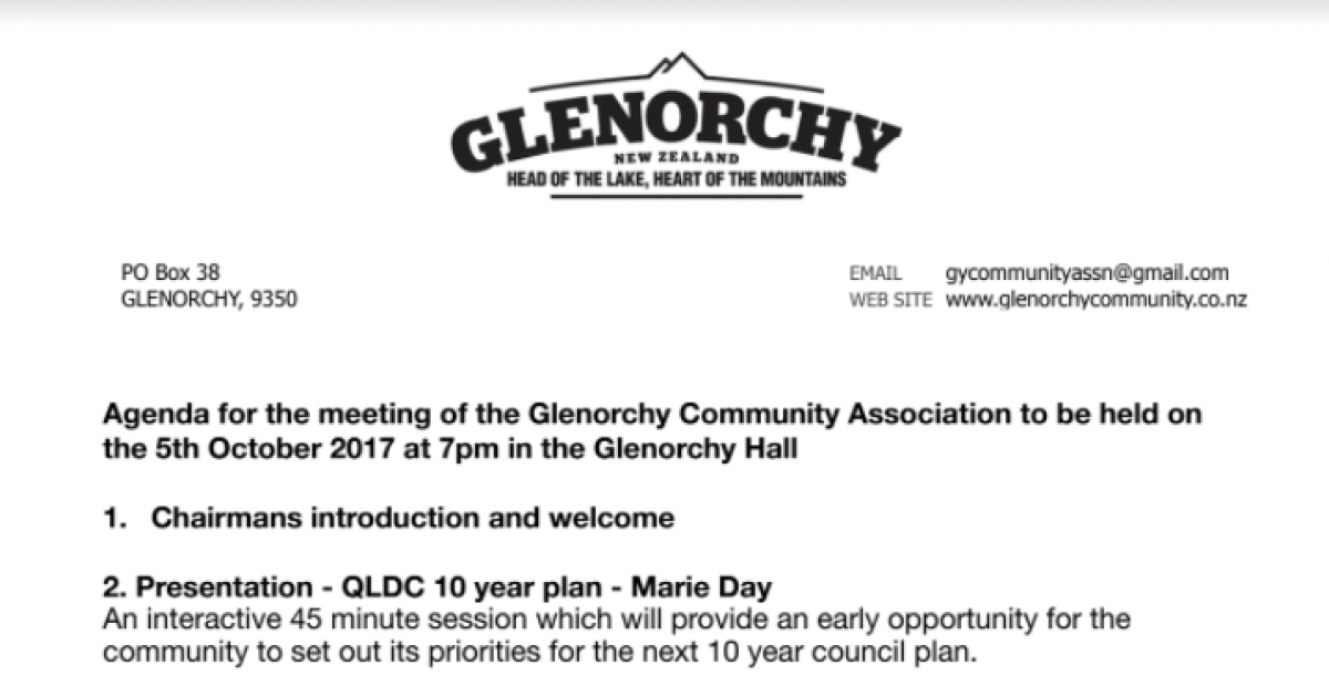 AGENDA FOR OCTOBER GCA MEETING &raquo; October, 2017 &raquo; Glenorchy Community