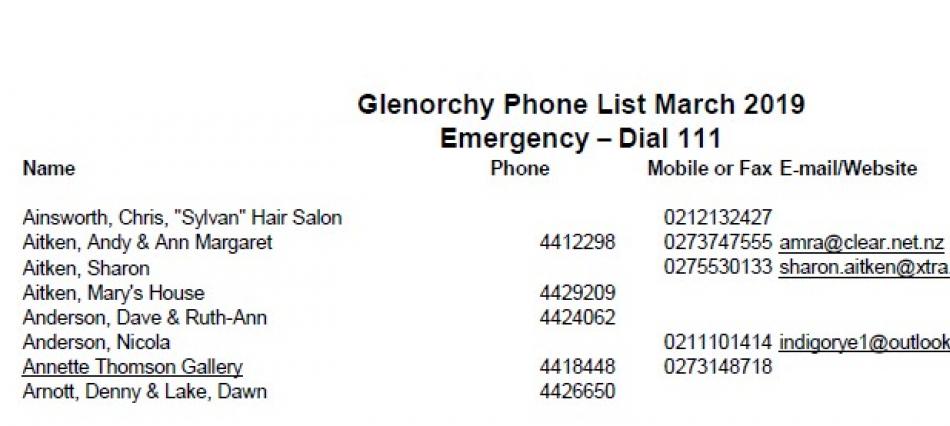 Glenorchy Community Phone List 2019