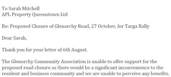 Targa Rally Road Closure Letter